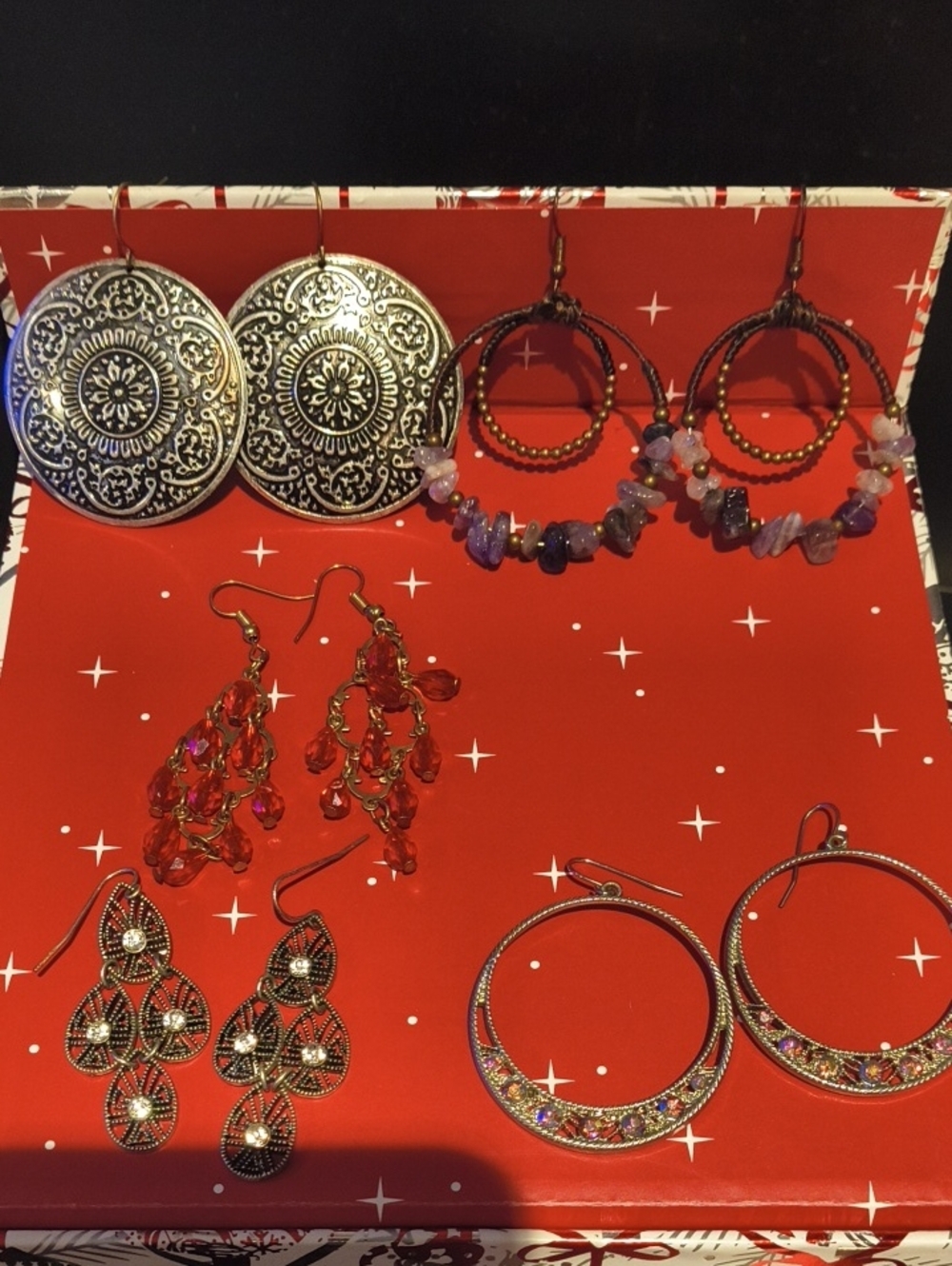 Boho Mixed Stone and Metal Earring Set in Silver, Purple, Red